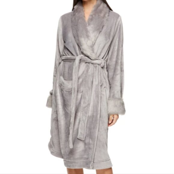 TAHARI Womens Grey Plush Velour Bathrobe with Faux Fur Trim - Large - Picture 1 of 2